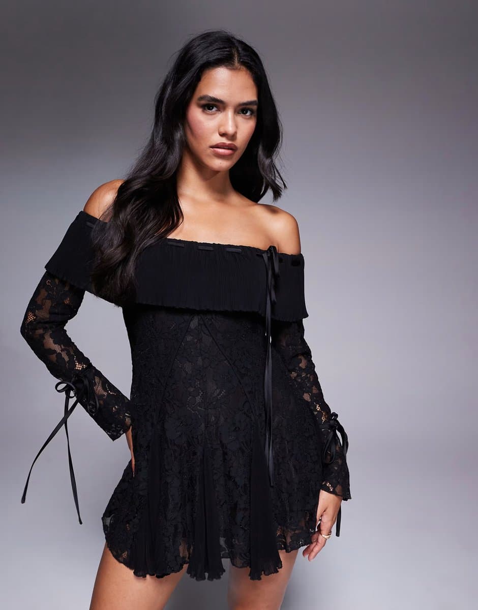 ASOS Murci exclusive lace bardot fit and flare godet detail mini dress in black
