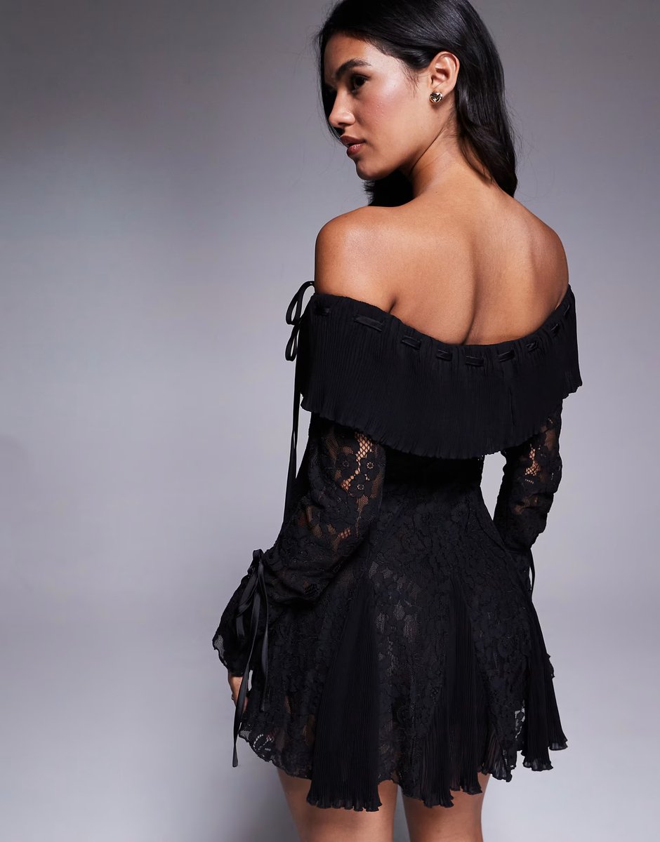 ASOS Murci exclusive lace bardot fit and flare godet detail mini dress in black - 4