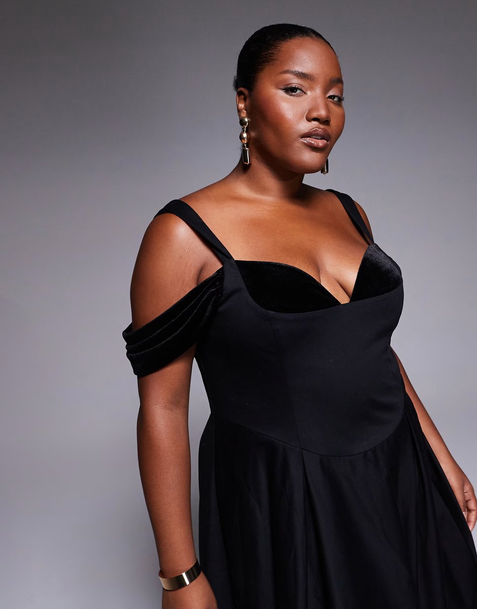 ASOS ASOS LUXE Curve midi dress with full skirt and velvet inserts in black - 3