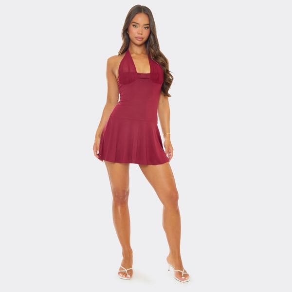 EGO Plunge Neck Frilled Hem Mini Dress In Burgundy, Women's Size UK Large L - 2