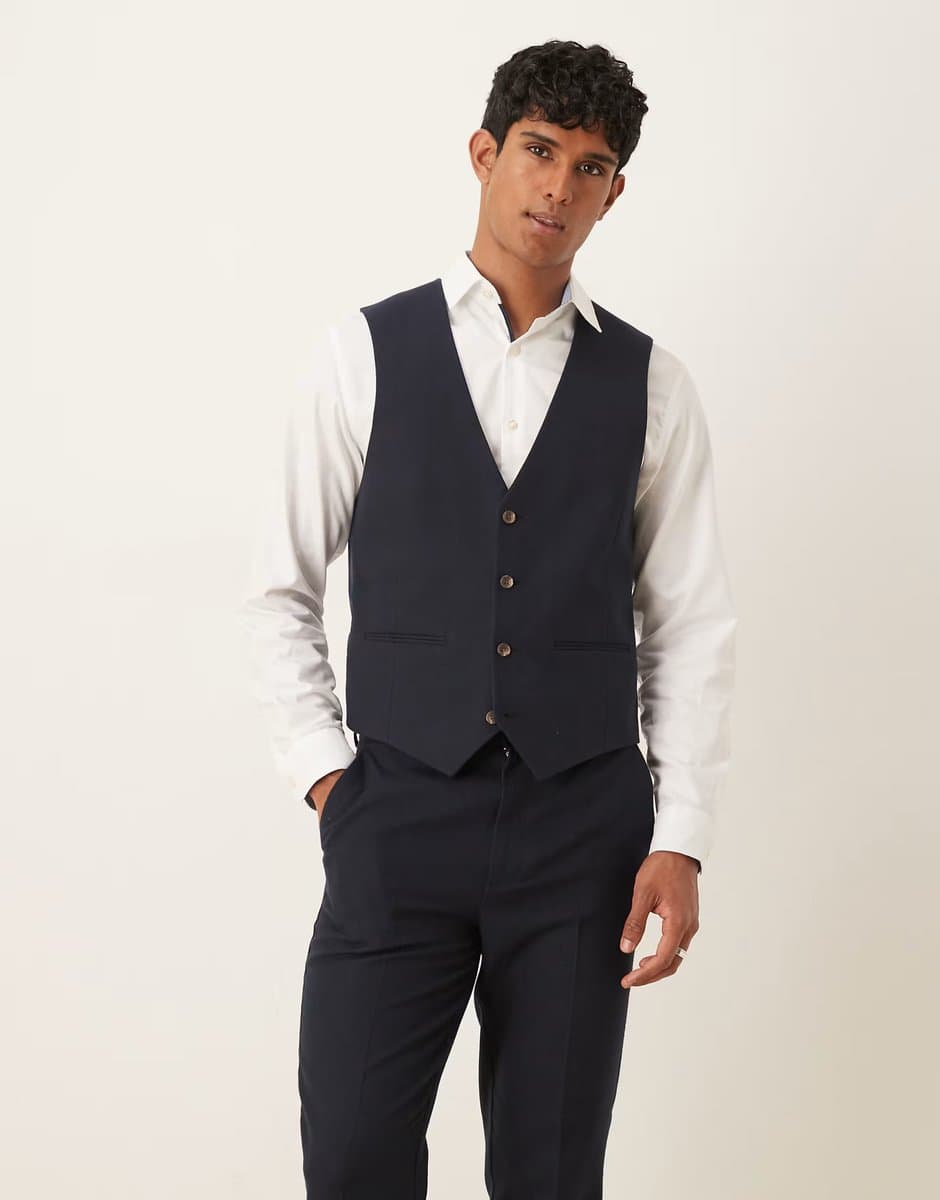 ASOS ASOS DESIGN slim suit waistcoat in navy herringbone wool look