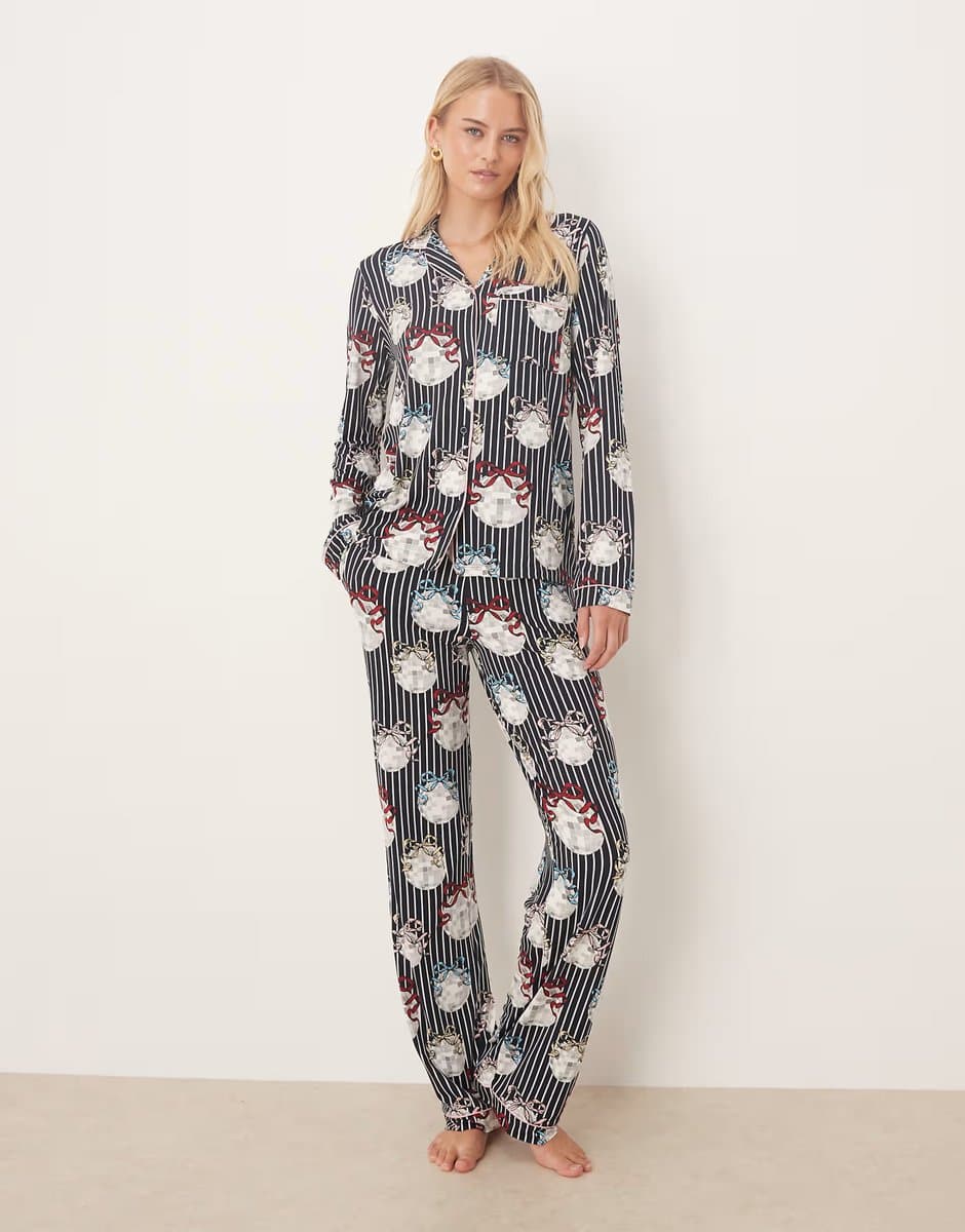 ASOS Chelsea Peers Tall poly long sleeve revere pyjama set in Christmas disco ball print