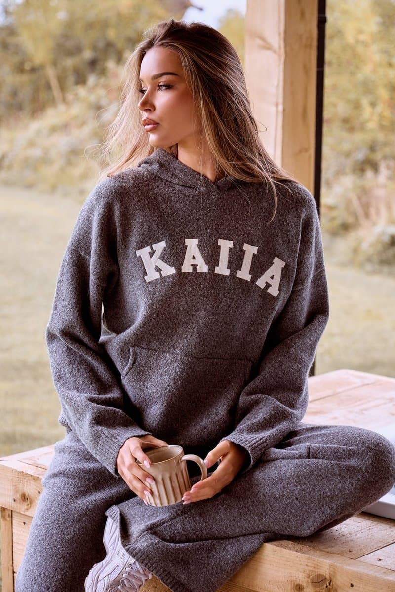 Kaiia Kaiia Oversized Knit Hoodie in Charcoal