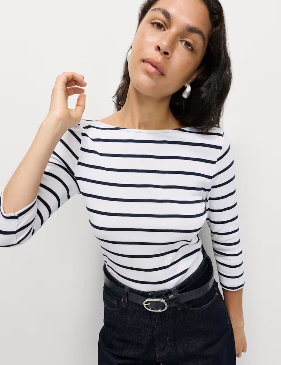 Marks & Spencer M&S Pure Cotton Striped Slash Neck Slim Fit Top White Mix