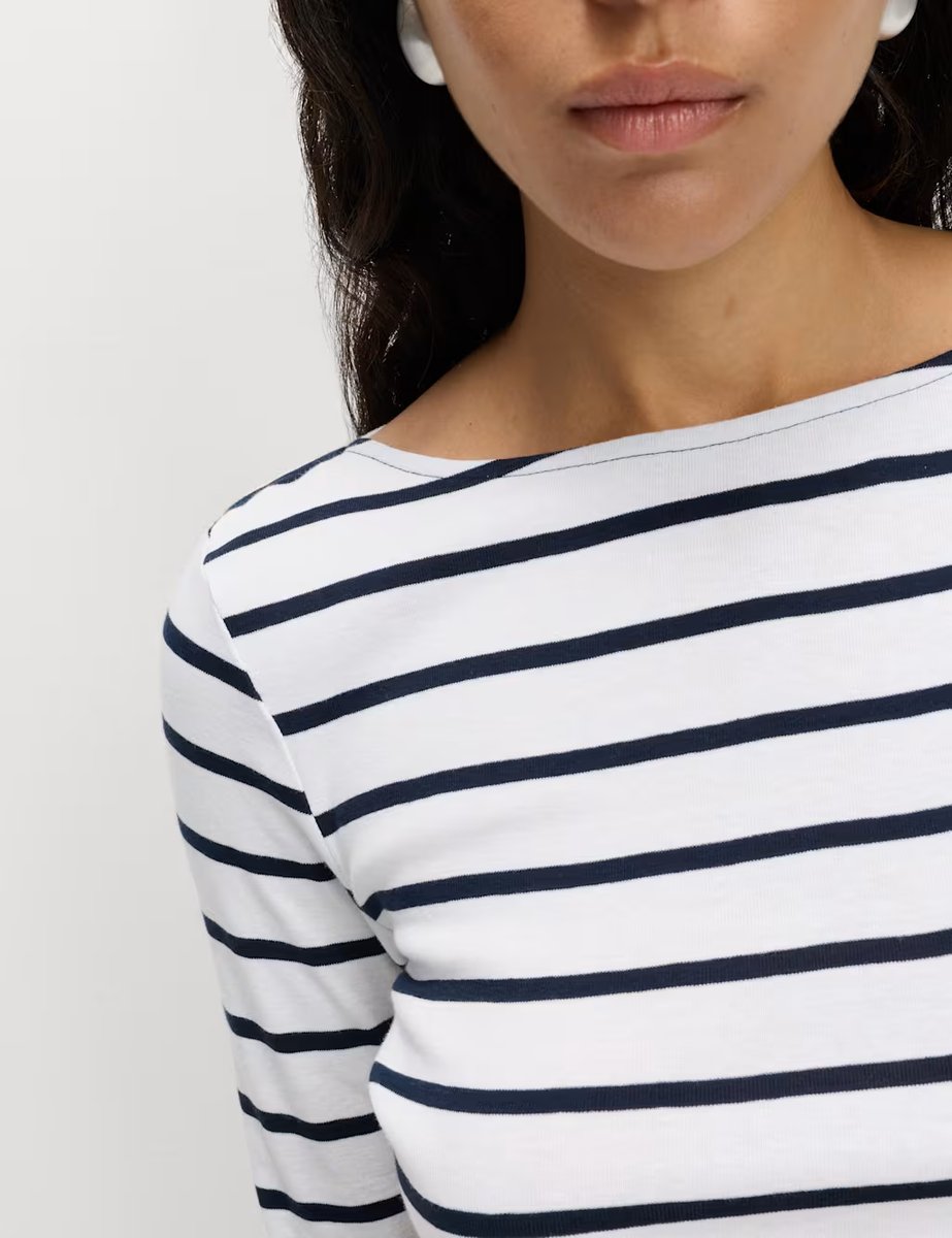 Marks & Spencer M&S Pure Cotton Striped Slash Neck Slim Fit Top White Mix - 2