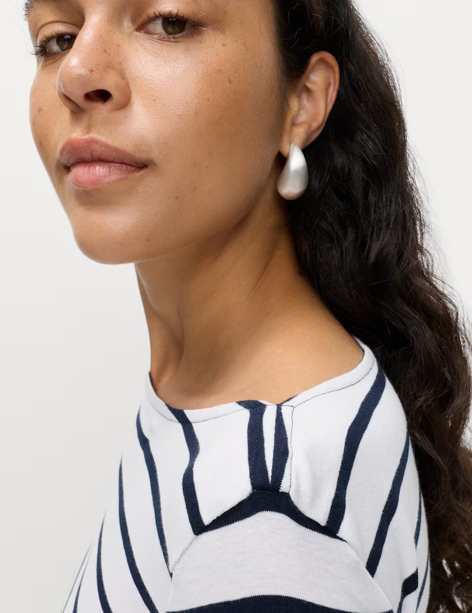 Marks & Spencer M&S Pure Cotton Striped Slash Neck Slim Fit Top White Mix - 4