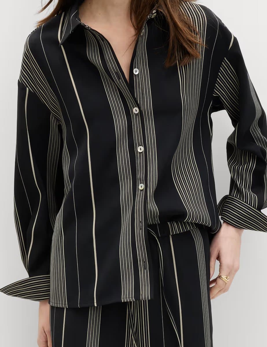 Marks & Spencer M&S Classic Striped Collared Button Through Shirt in Black Mix