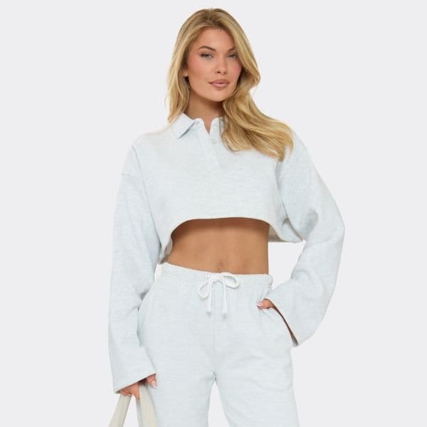 EGO Collar Button Up Cropped Polo Sweatshirt In Light Grey Marl, Women's Size UK 6 - 1