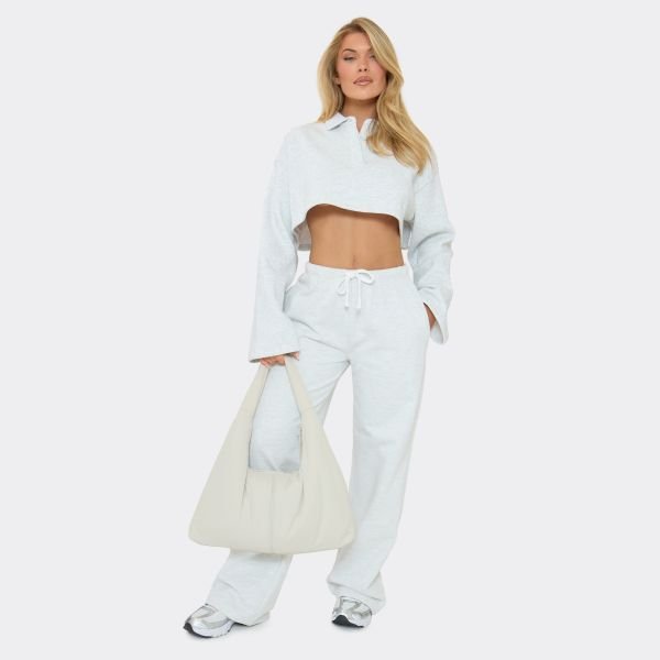 EGO Collar Button Up Cropped Polo Sweatshirt In Light Grey Marl, Women's Size UK 6 - 2