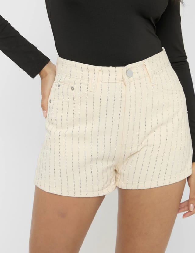 Public Desire High Waist Diamante Embellished Shorts Cream - 2