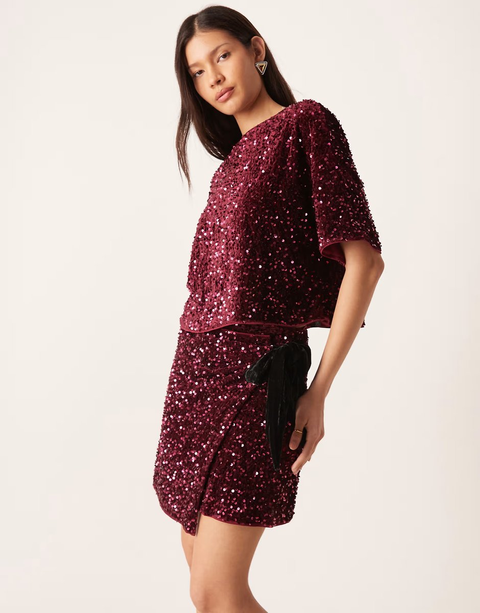 ASOS ASOS DESIGN velvet sequin co-ord wrap mini skirt in burgundy - 2