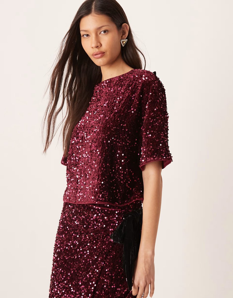 ASOS ASOS DESIGN velvet sequin co-ord wrap mini skirt in burgundy - 3