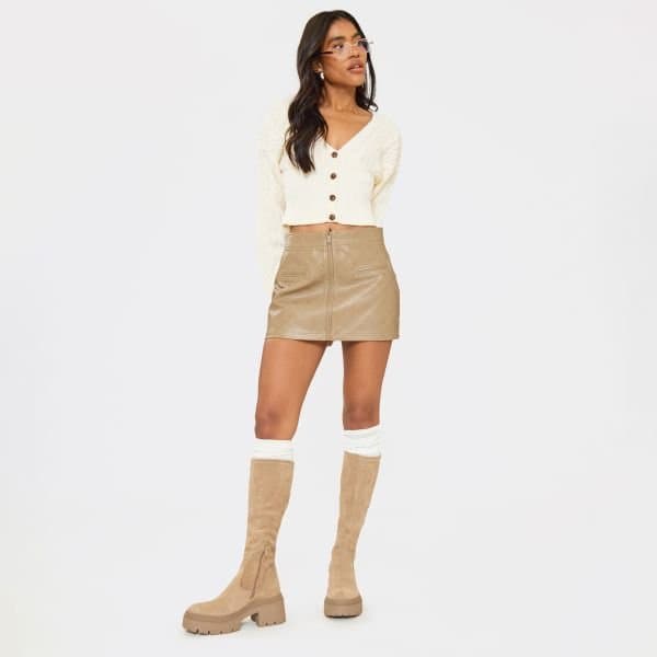 EGO Brie Chunky Sole Knee High Long Boot In Taupe Faux Suede, Women's Size UK 3