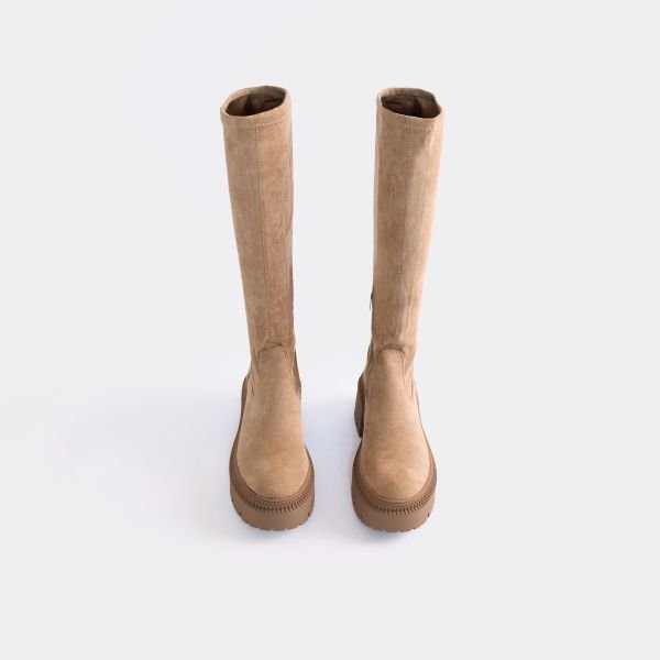 EGO Brie Chunky Sole Knee High Long Boot In Taupe Faux Suede, Women's Size UK 3 - 2