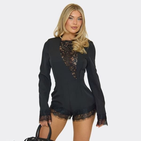 EGO Long Sleeve Plunge Lace Panel Detail Tailored Playsuit In Black, Women's Size UK 6