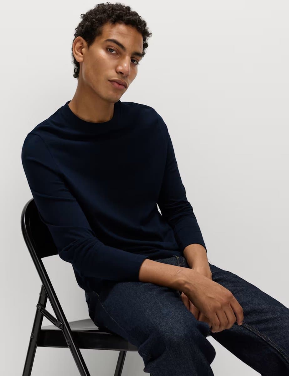 Marks & Spencer M&S Crew Neck Long Sleeve T-Shirt in Navy