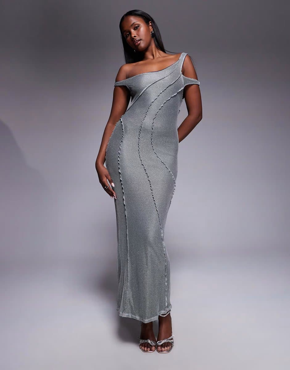 ASOS ASOS DESIGN off shoulder textured maxi dress with seam detail in silver