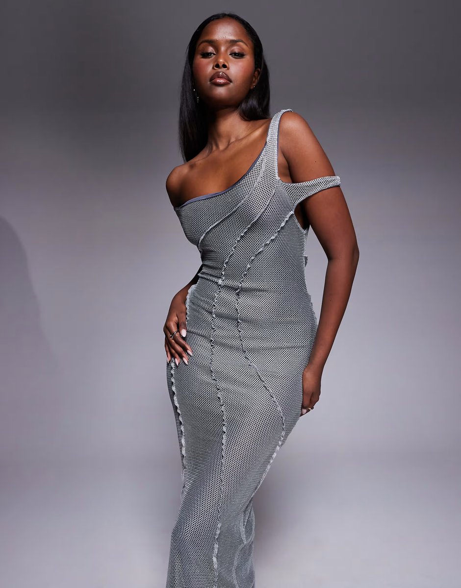 ASOS ASOS DESIGN off shoulder textured maxi dress with seam detail in silver - 3