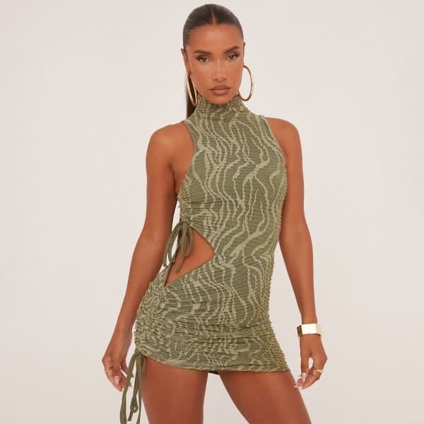 EGO High Neck Cut Out Side Mini Bodycon Dress In Olive Green Zebra Print Texture, Women's Size UK 6