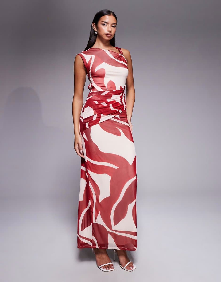 ASOS Forever New mesh knot front maxi dress in red abstract print