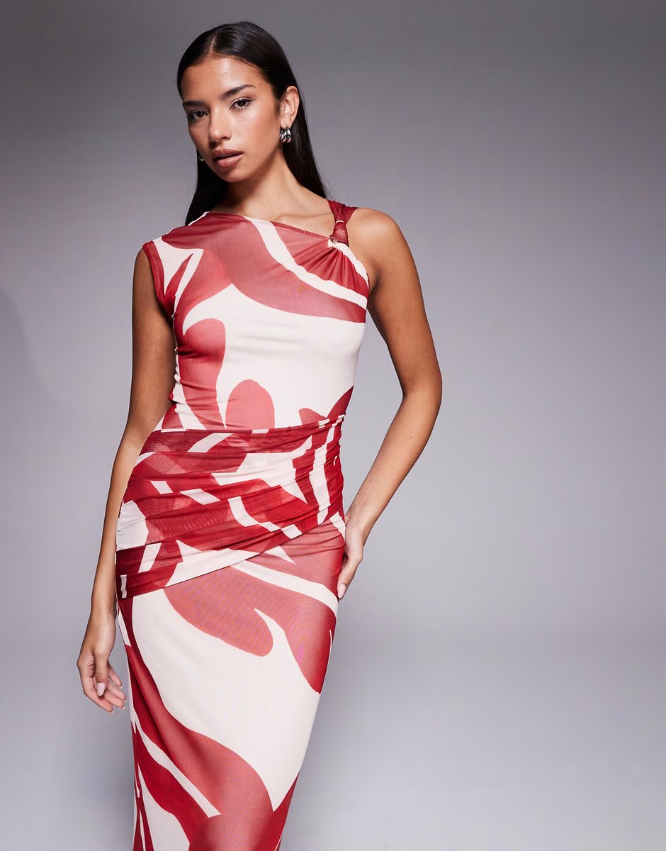 ASOS Forever New mesh knot front maxi dress in red abstract print - 3