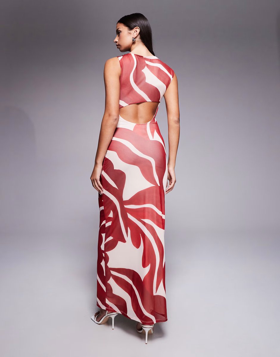 ASOS Forever New mesh knot front maxi dress in red abstract print - 4