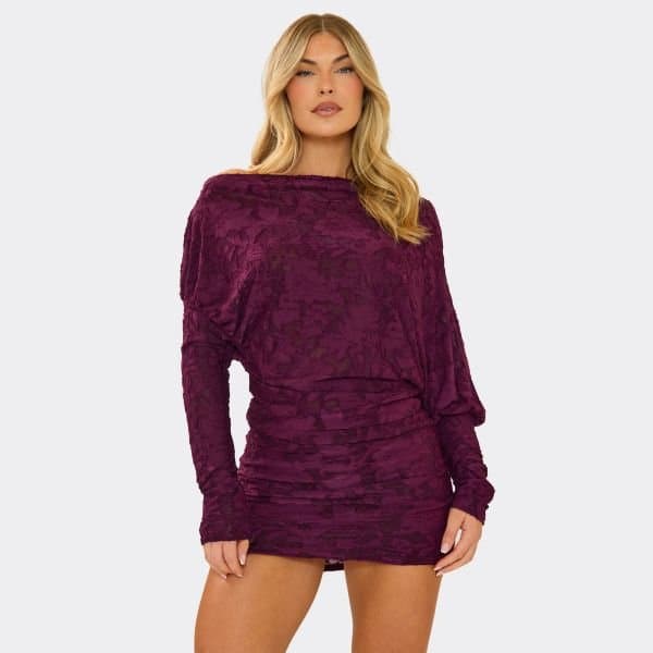EGO Off The Shoulder Blouson Detail Mini Dress In Plum Devore, Women's Size UK 6