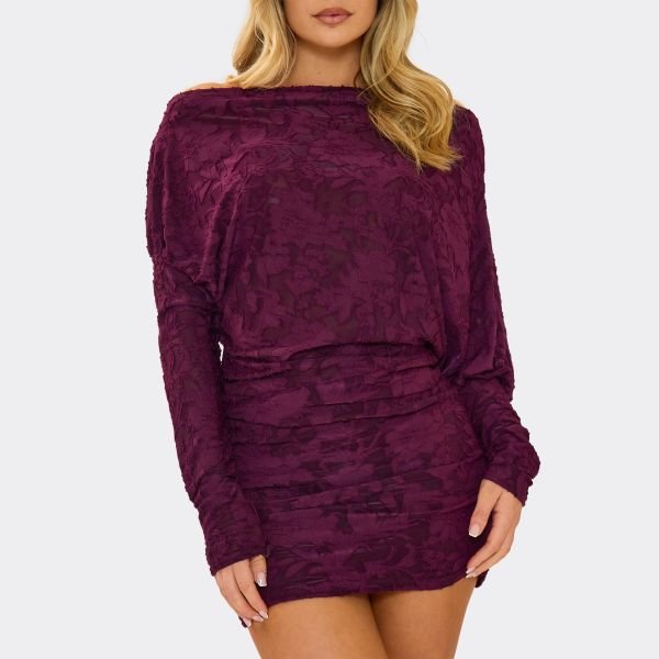EGO Off The Shoulder Blouson Detail Mini Dress In Plum Devore, Women's Size UK 6 - 2
