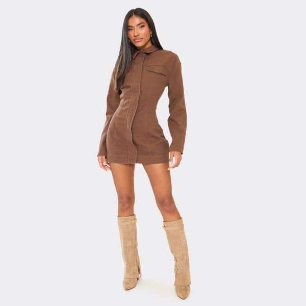 EGO Long Sleeve Collared Cinch Waist Mini Dress In Chocolate Brown Denim, Women's Size UK 6