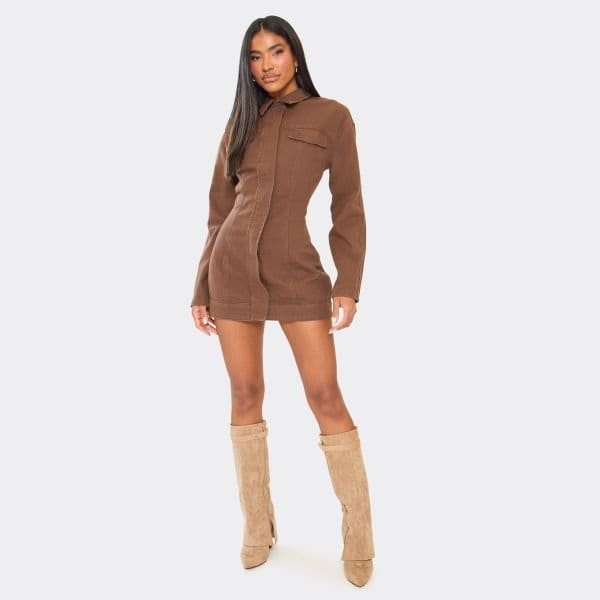 EGO Long Sleeve Collared Cinch Waist Mini Dress In Chocolate Brown Denim, Women's Size UK 6 - 1