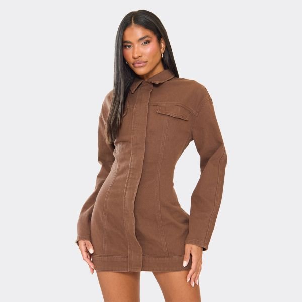 EGO Long Sleeve Collared Cinch Waist Mini Dress In Chocolate Brown Denim, Women's Size UK 6 - 2