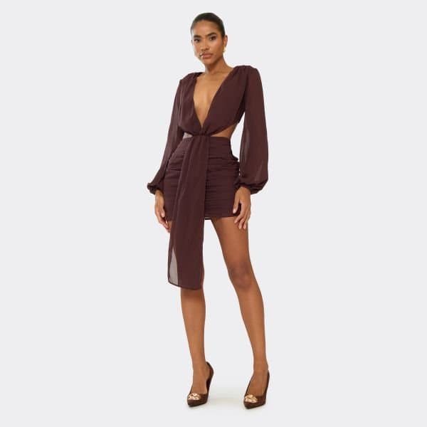 EGO Long Sleeve Plunge Drape Detail Mini Dress In Chocolate Brown Chiffon, Women's Size UK 6