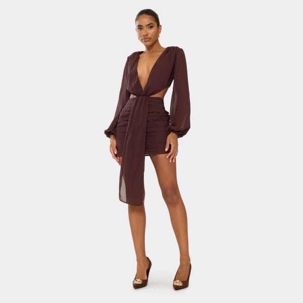 EGO Long Sleeve Plunge Drape Detail Mini Dress In Chocolate Brown Chiffon, Women's Size UK 6 - 1