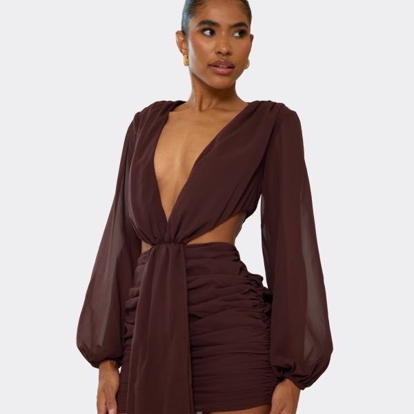 EGO Long Sleeve Plunge Drape Detail Mini Dress In Chocolate Brown Chiffon, Women's Size UK 6 - 2