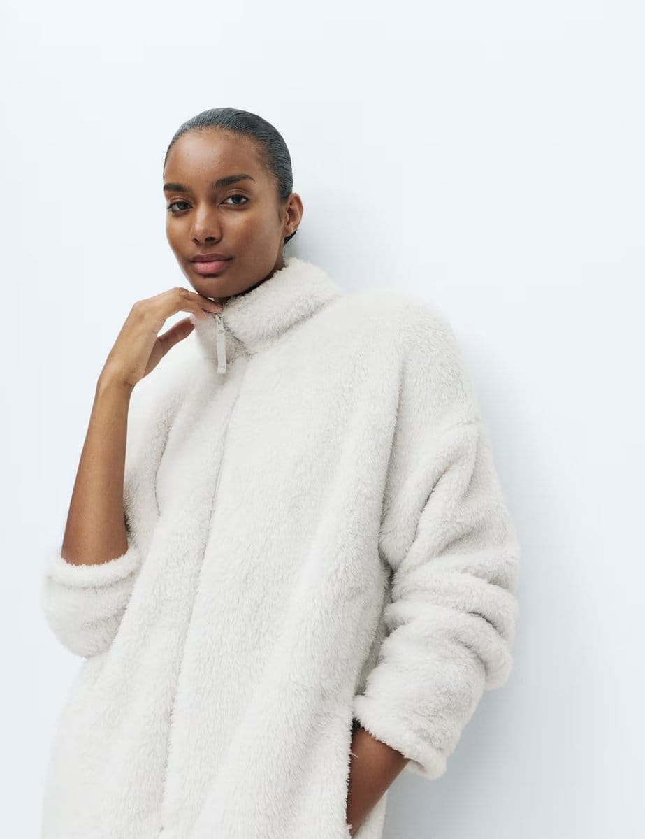Marks & Spencer M&S Long Pile Fleece Zipped Dressing Gown Grey - 4