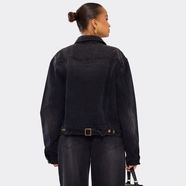 EGO Oversized Button Down Jacket In Washed Black Denim, Women's Size UK 6 - 2