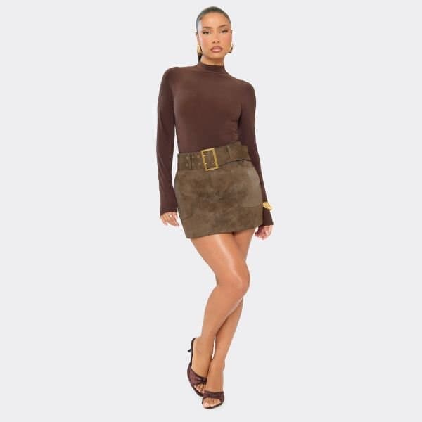 EGO High Waist Belted Detail Mini Skirt In Brown Leather, Women's Size UK 6