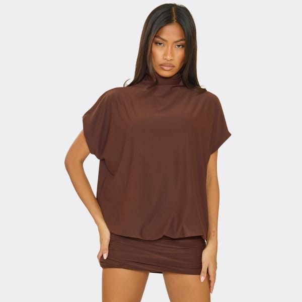 EGO High Neck Short Sleeve Blouson Detail Mini Dress In Chocolate Brown, Women's Size UK 6 - 1