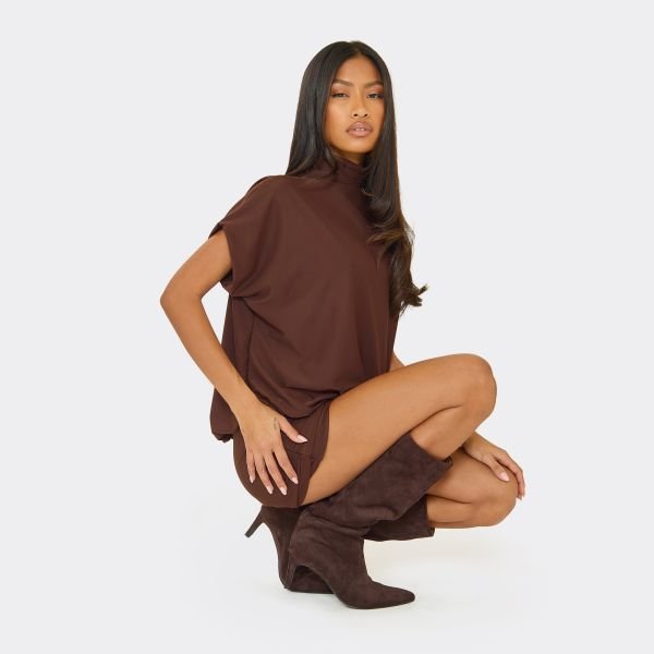 EGO High Neck Short Sleeve Blouson Detail Mini Dress In Chocolate Brown, Women's Size UK 6 - 2