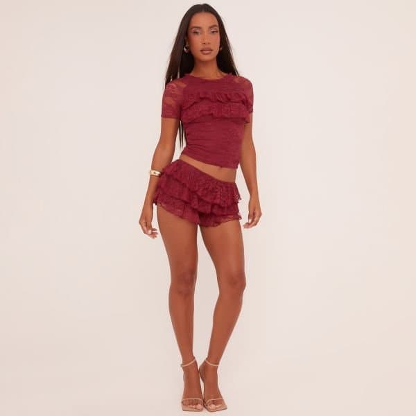 EGO Low Rise Tiered Frill Micro Shorts In Burgundy Lace, Women's Size UK 8
