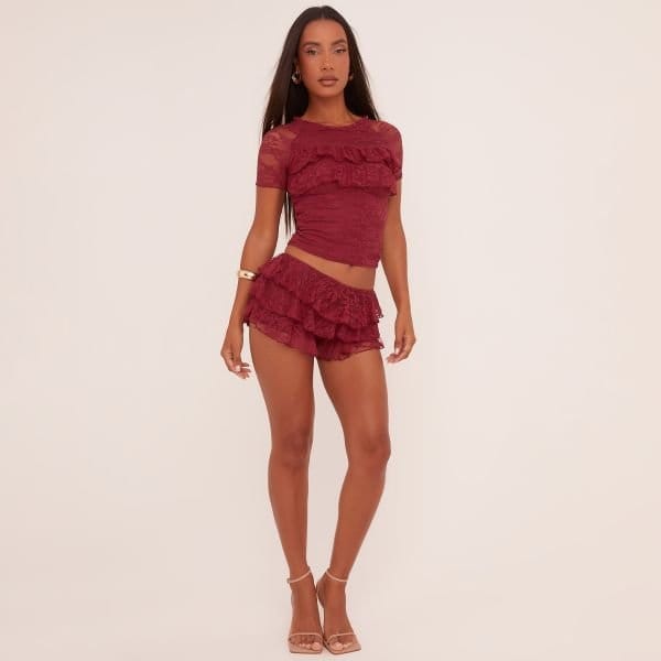 EGO Low Rise Tiered Frill Micro Shorts In Burgundy Lace, Women's Size UK 8 - 1