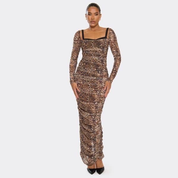EGO Long Sleeve Ruched Bra Detail Maxi Dress In Brown Leopard Print, Women's Size UK 6