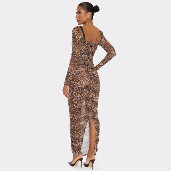 EGO Long Sleeve Ruched Bra Detail Maxi Dress In Brown Leopard Print, Women's Size UK 6 - 2