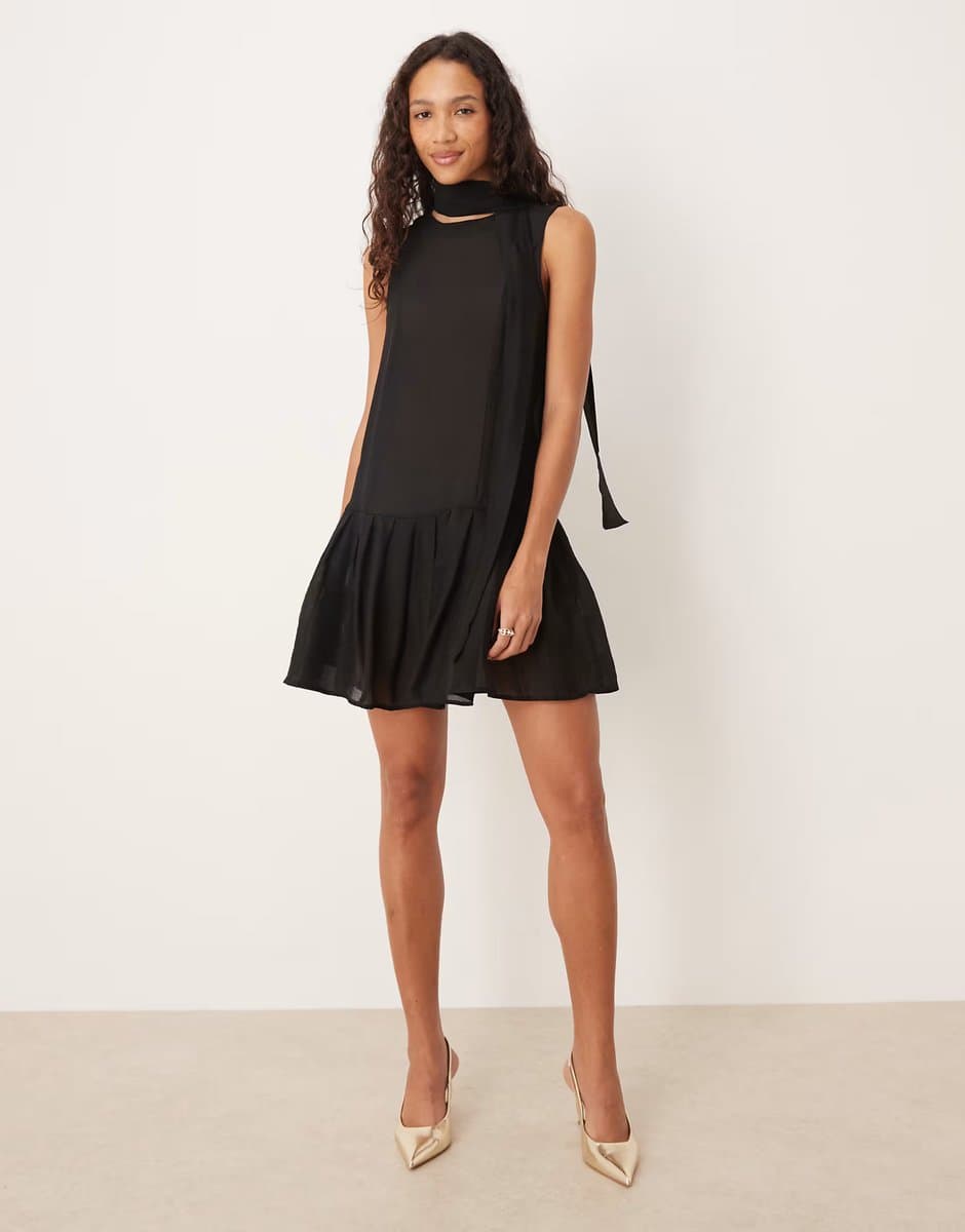ASOS Sister Jane pussybow pleated skirt mini dress in black