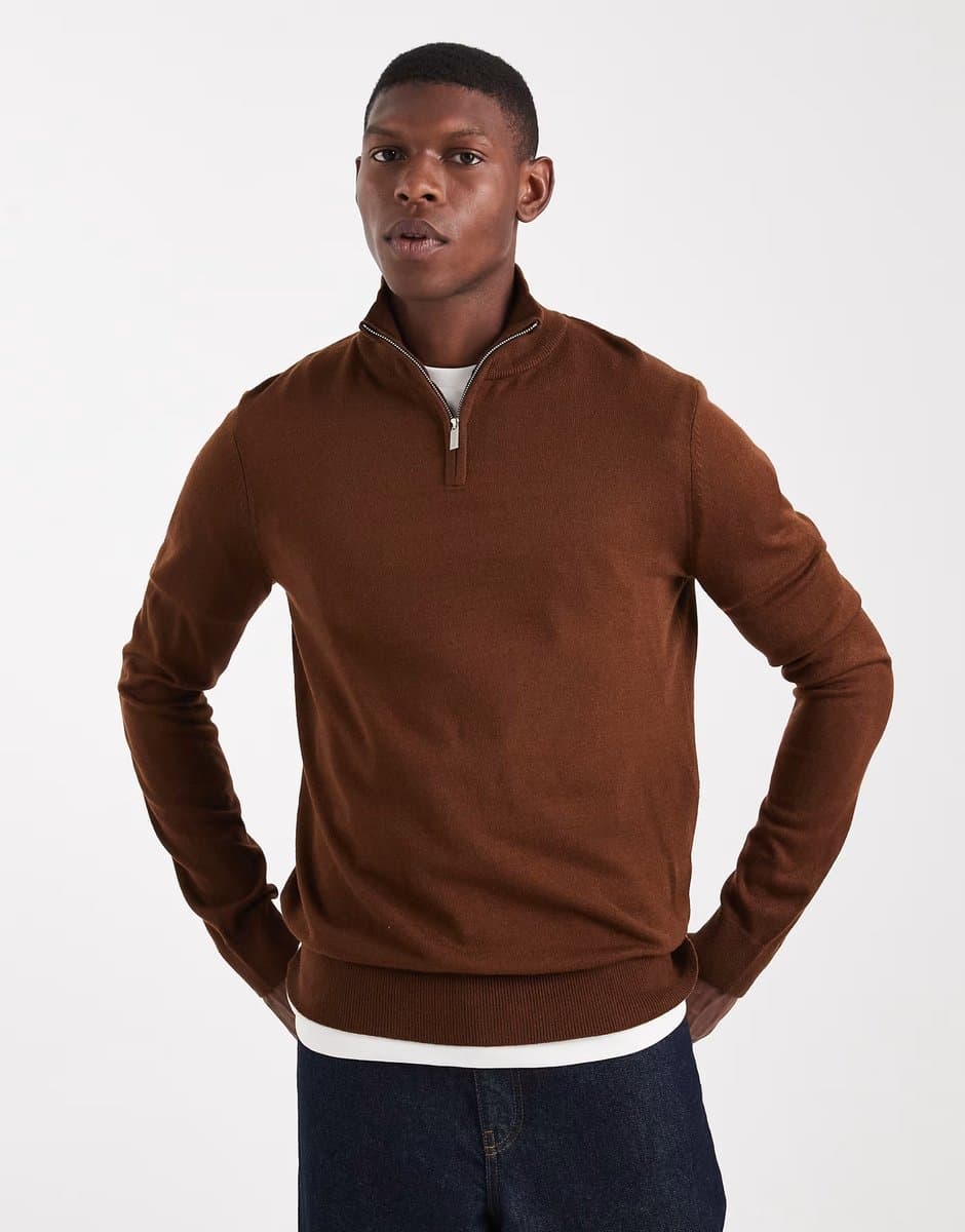 ASOS Threadbare 1/4 zip jumper in brown