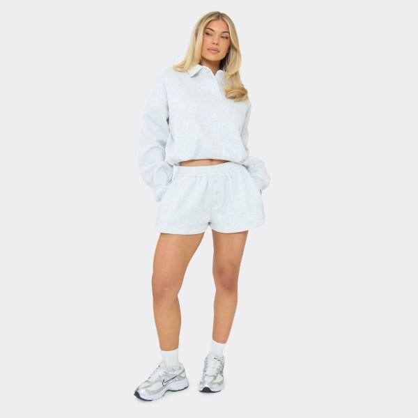 EGO Mid Rise Button Detail Sweat Shorts In Light Grey Marl, Women's Size UK 6 - 1