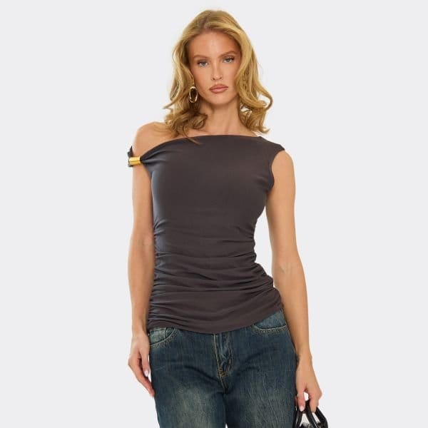 EGO One Shoulder Ruched Trim Detail Top In Charcoal Grey, Women's Size UK 6 - 1