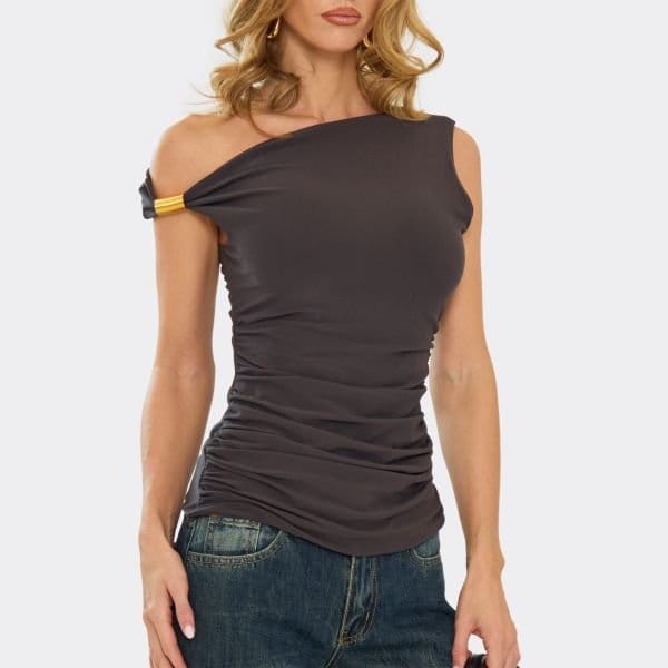 EGO One Shoulder Ruched Trim Detail Top In Charcoal Grey, Women's Size UK 6 - 2