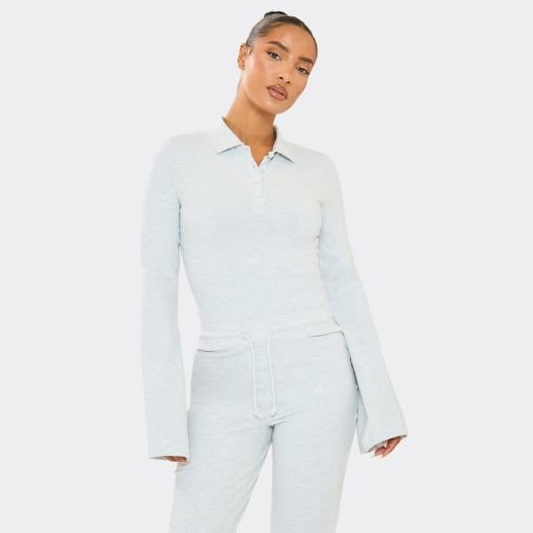 EGO Flared Sleeve Button Detail Top In Grey Marl, Women's Size UK 6 - 1