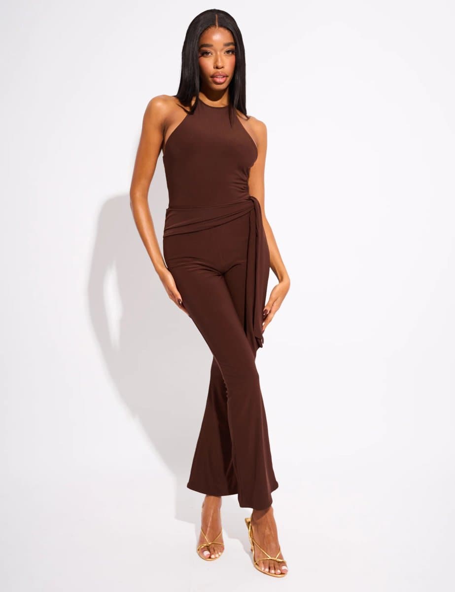 Public Desire Tie Back Belted Jumpsuit Chocolate